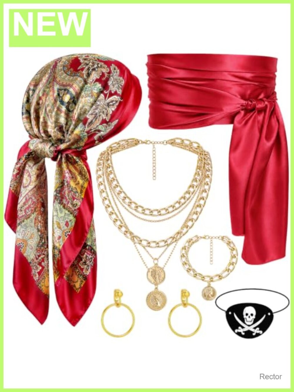 6 Pc Pirate Costume Accessories Set Bandana Sash Eye Patch Jewelry Halloween